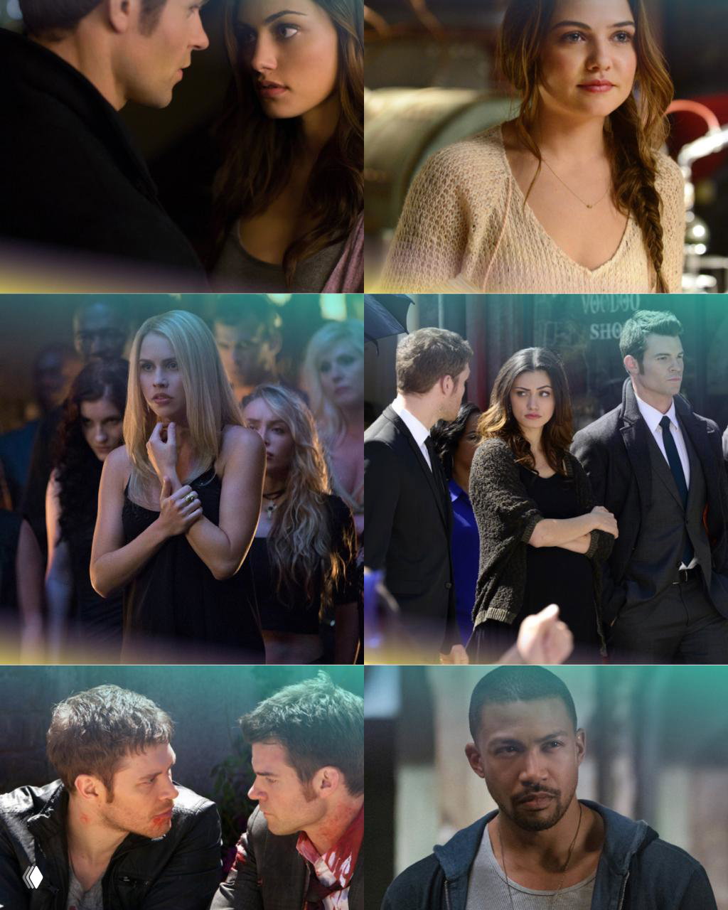 Другой коллаж из тех же сериалов: персонажи Стефан и Деймон, молодые герои и драматические сцены, отражающие семейные и романтичесные сюжеты.