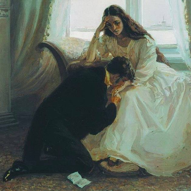 Художественный мотив: классическая картина с женщиной в белом и поклонником на коленях у окна; романтическая живописная сцена в подборке эстетики.