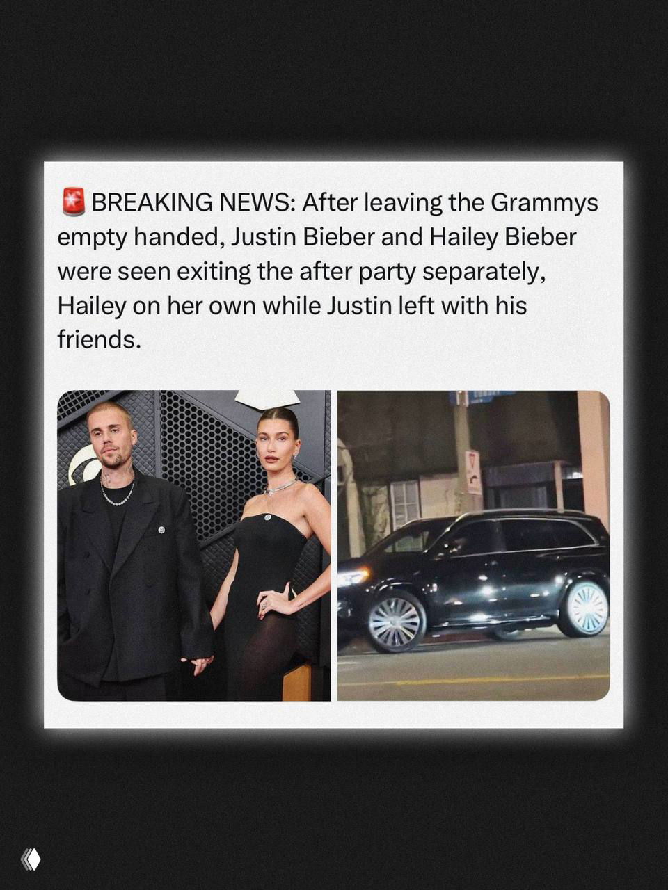 Коллаж из фотографий: пара на красной дорожке рядом с кадром улицы и автомобилем — гоночно-новостной контекст слухов о расставании