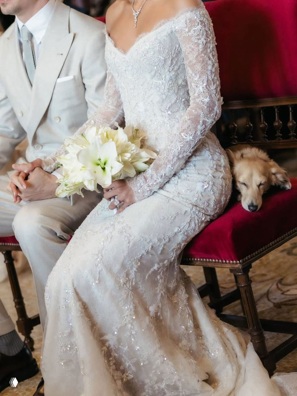 Крупный план: невеста в кружевном платье держит белый букет и сидит рядом с маленькой собакой на бархатном кресле в интерьере.