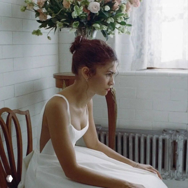 Кадр из фильма «Вот это драма!»: женщина в белом платье задумчиво сидит на стуле на фоне большого букета цветов и окна.