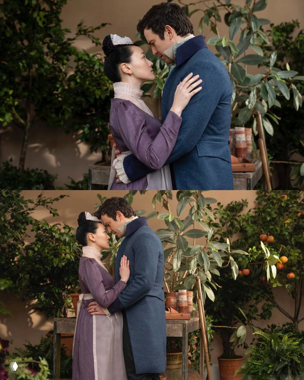 Парный танец в светлом зале: молодой джентльмен в тёмном костюме ведёт в танце девушку в нежном платье, вокруг гостям светят украшения и гирлянды.