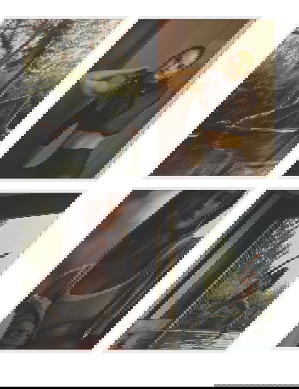 Коллаж из четырёх кадров: йога у бассейна, портреты и динамичные позы, акцент на спортивной одежде и атмосферной тёплой цветокоррекции.