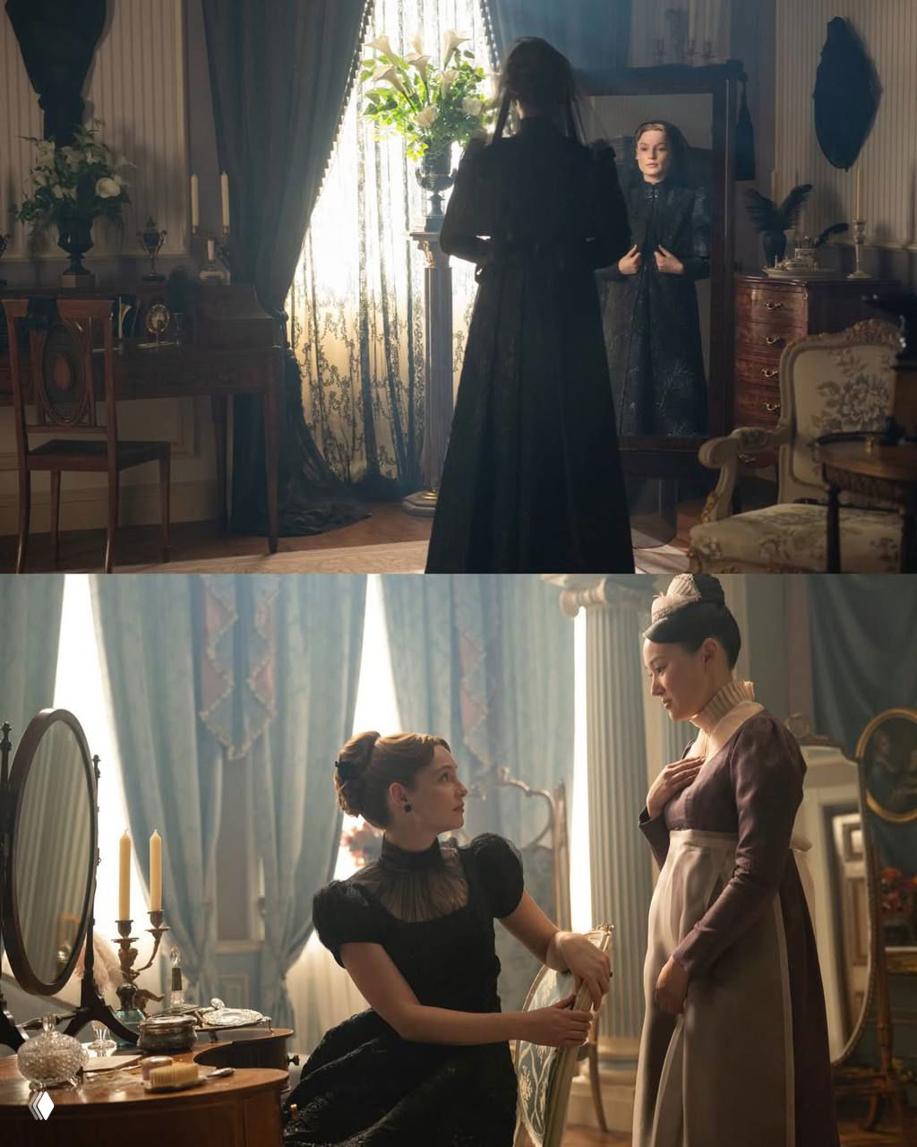 Нежный разговор в тёплом интерьере: героиня в накидке и мужчина в халате обмениваются бумагами и улыбками среди зелени и мягкого света.