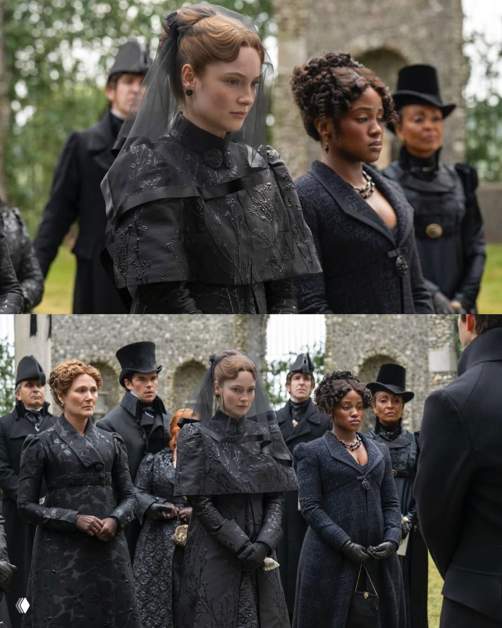 Траурная церемония на открытом воздухе: женщины в чёрных платьях и вуалях стоят перед развалинами, выражая скорбь в строгих викторианских нарядах.