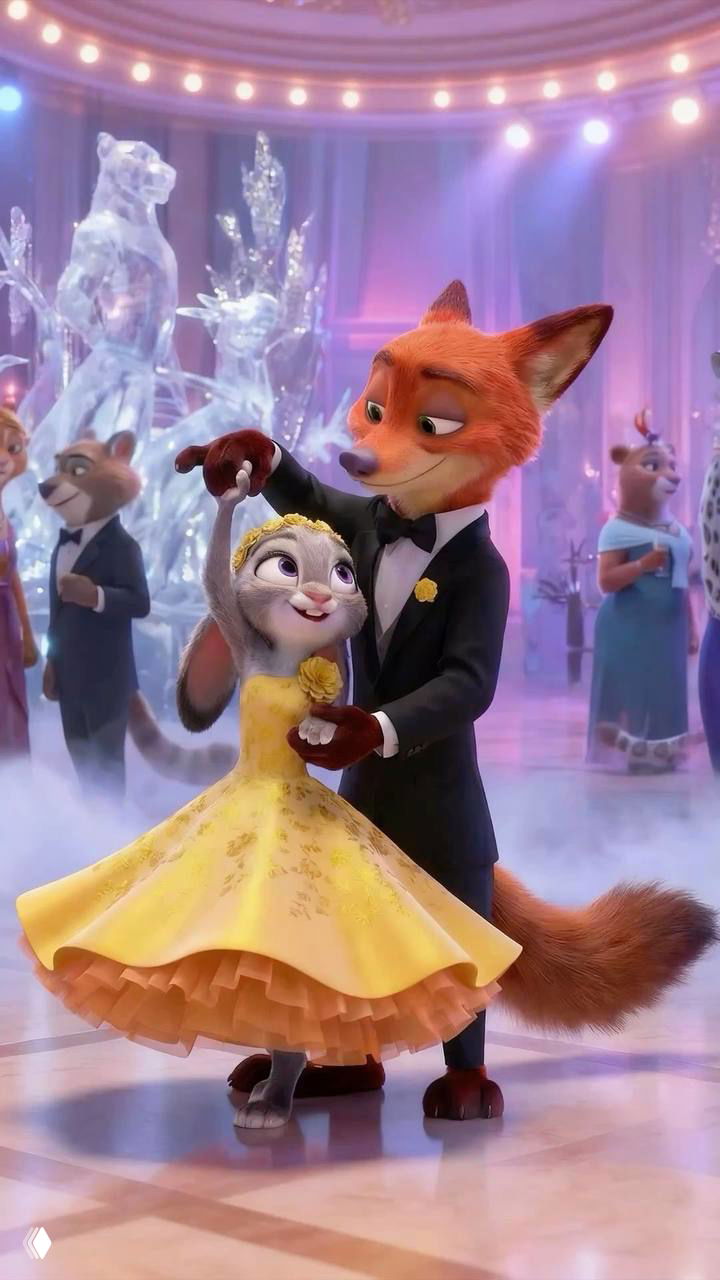 Кадр из сиквела «Зверополис 2»: лис в смокинге танцует с зайчихой в жёлтом платье в бальном зале, праздничная сцена.