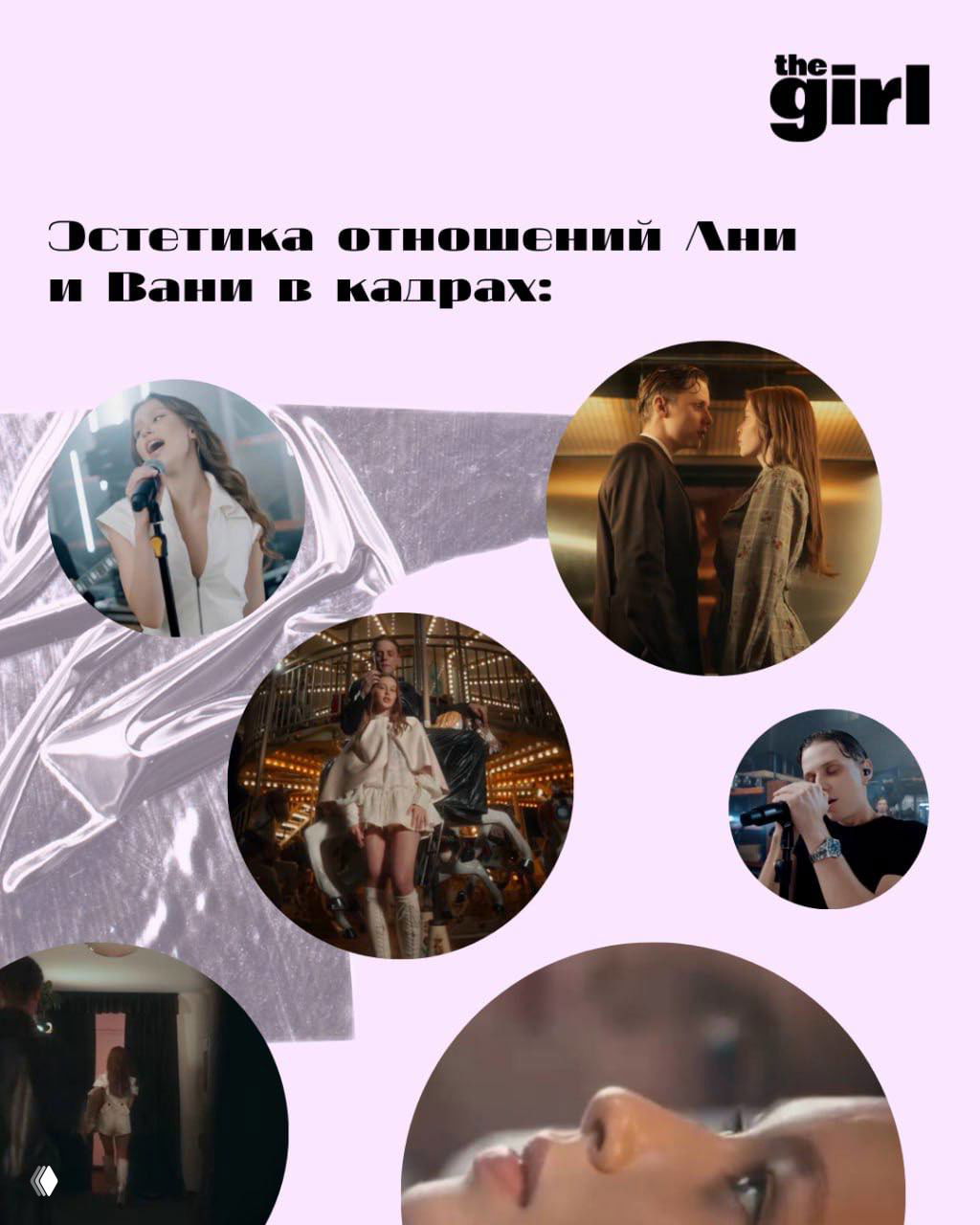 Мозаика круглых миниатюр: кадры из клипов и сцен — исполнители поют, пара стоит в антураже карусели и коридоров, эстетика отношений в кадрах.