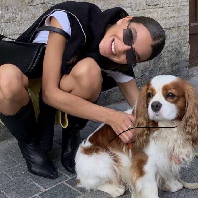 Девушка присела погладить кавалера Кинг Чарльза спаниеля на улице — модный уличный снимок с тёплыми тонами и дружелюбной собакой.