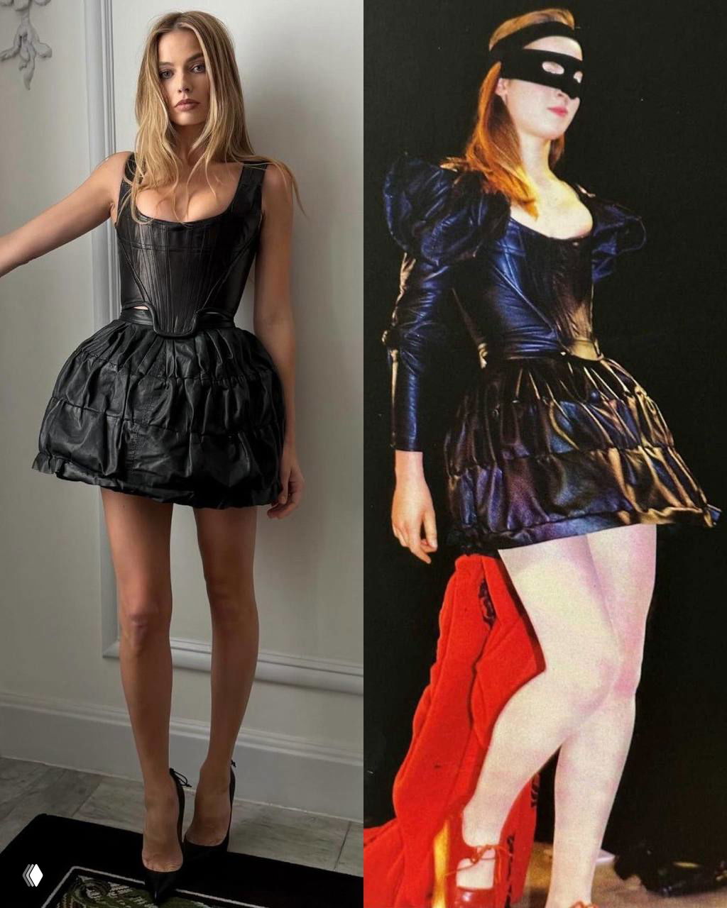 Марго Робби в чёрном корсетном платье и туфлях на пресс-туре, рядом постановочный кадр с моделью в аналогичном образе с подиума.