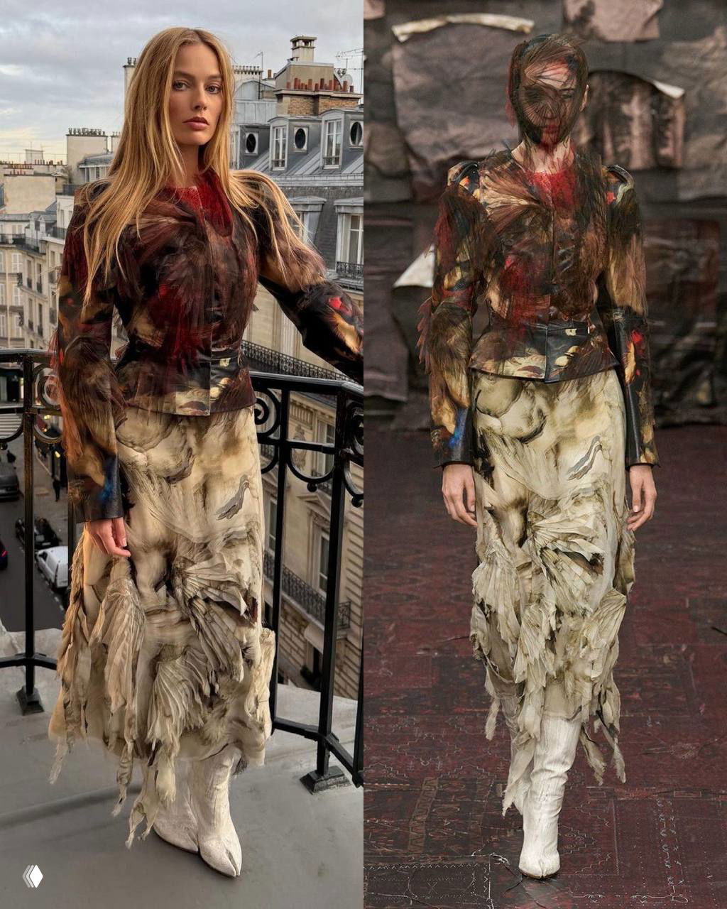 Марго Робби в текстурированном длинном наряде и белых ботинках на балконе Парижа рядом с моделью в похожем художественном луке с показа.