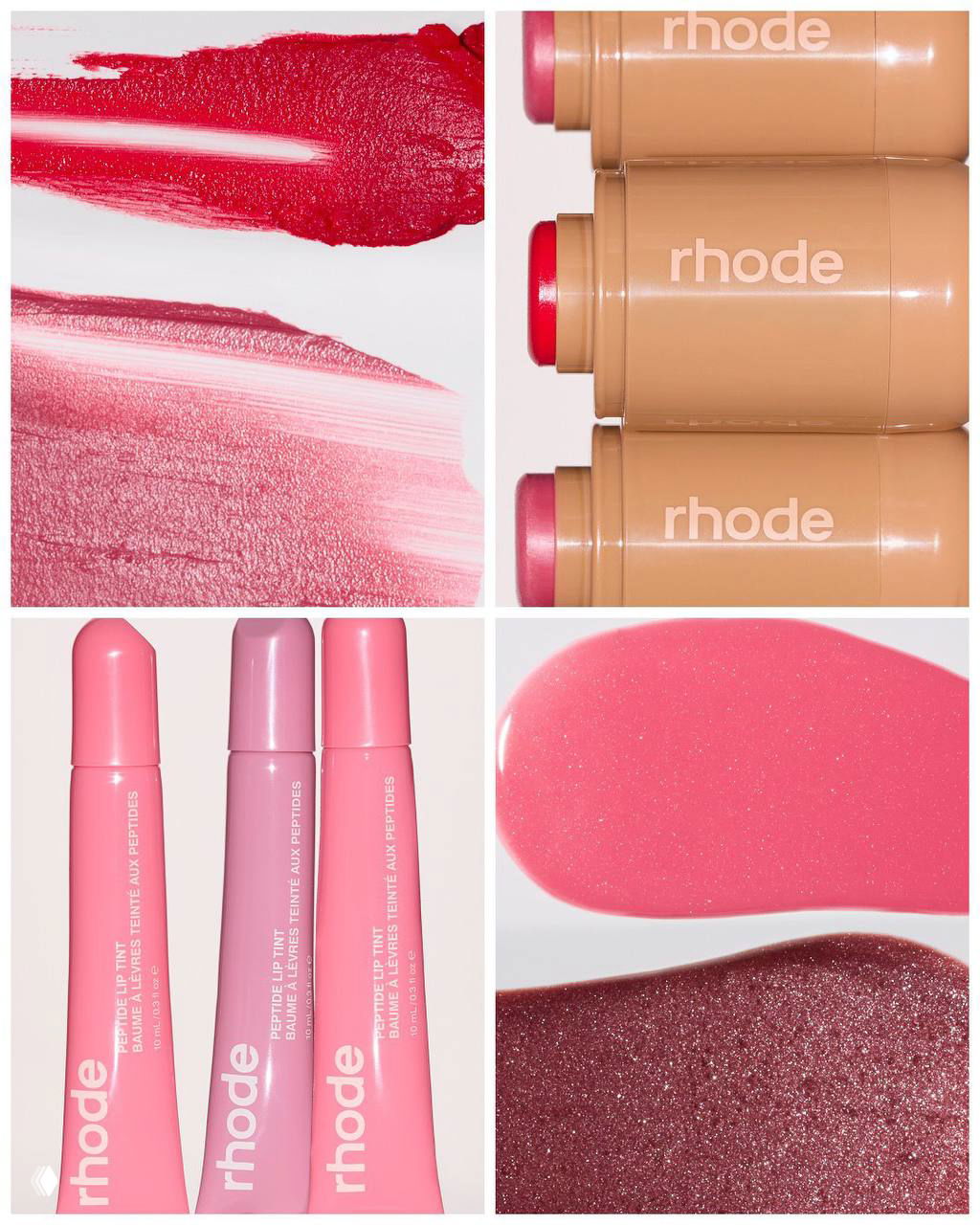 Коллаж текстур и упаковок помад Rhode: стик-упаковки и мазки оттенков, видно разнообразие розово-красных тонов и мерцание перламутра.