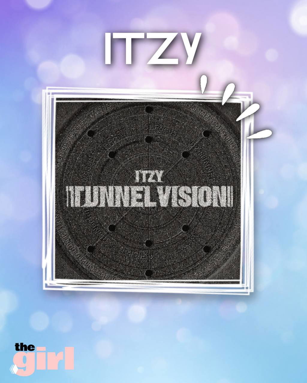 Чёрная текстурная обложка альбома ITZY «TUNNEL VISION» с центральным круговым элементом и контрастным белым названием группы и релиза.