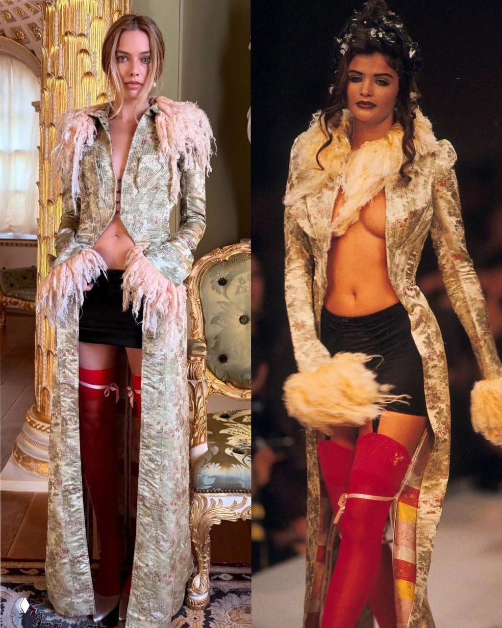 Марго Робби в длинном пальто с розовыми элементами и яркими гольфами на фоне интерьера рядом с архивным подиумным кадром модели.