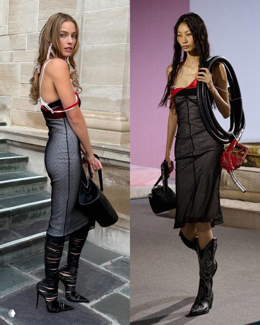 Марго Робби в облегающем платье и высоких ботинках на улице рядом с моделью на показе, где представлен похожий минималистичный силуэт.