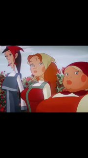 Скриншот: три анимированные персонажа в костюмах из «Трёх богатырей» — кадр из мультфильма, использованный в зарубежном TikTok-фрагменте.