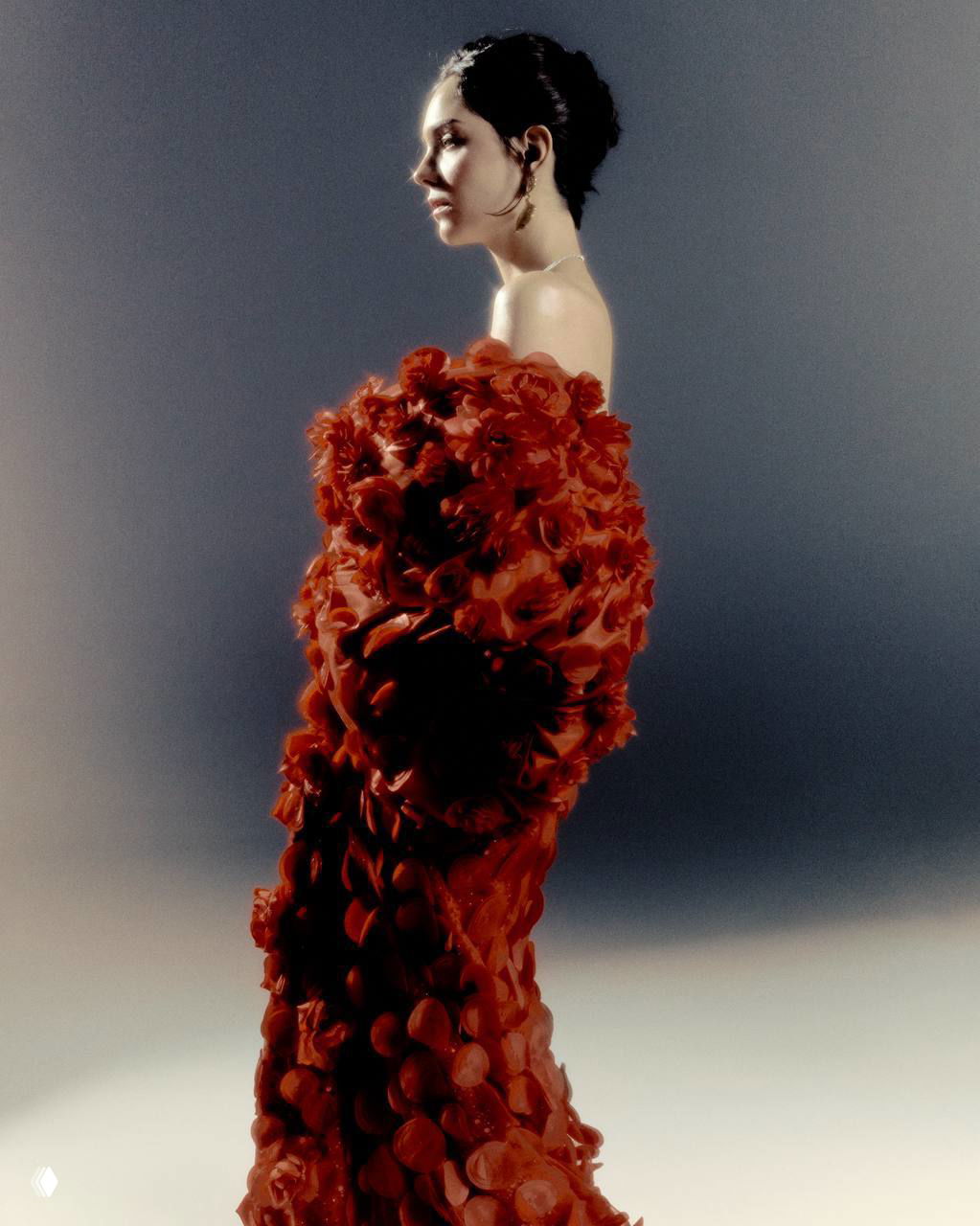 Фигура в профиль в платье с объемным красным декором на нейтральном фоне, художественная студийная постановка и драматичное освещение.