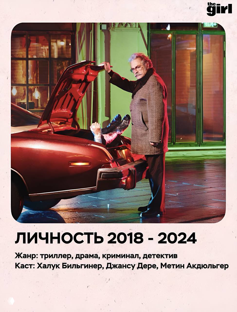 Кадр из сериала «Личность»: пожилой мужчина возле открытого багажника машины на ночной улице, тёмная атмосферная подсветка и напряжение.