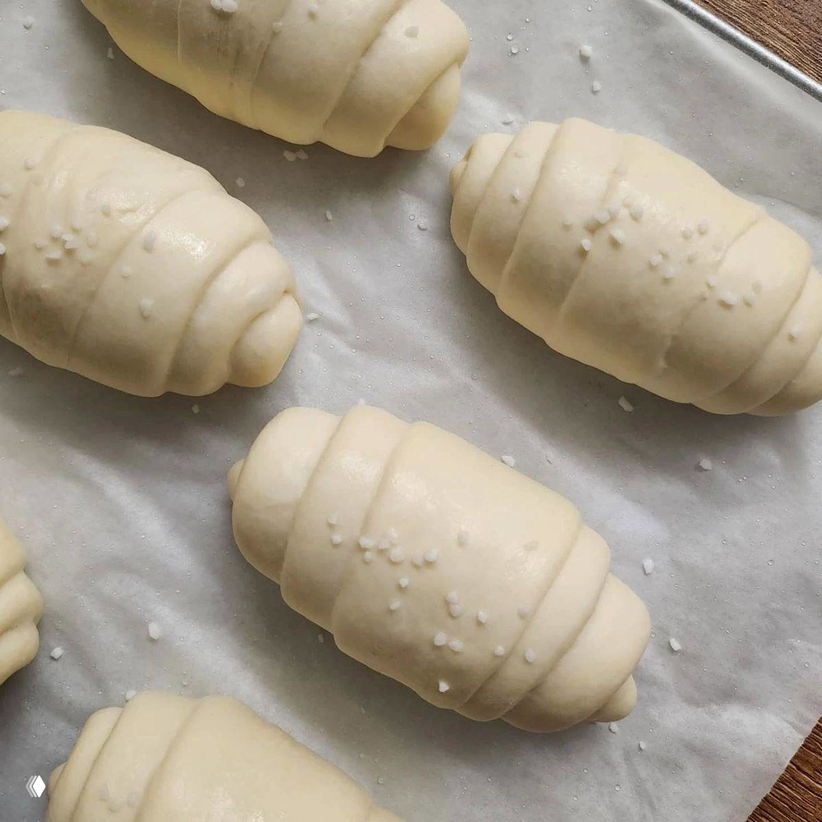 Необжаренные заготовки теста для согымппан с крупной морской солью сверху, выложенные на пергамент перед выпечкой, крупный план.