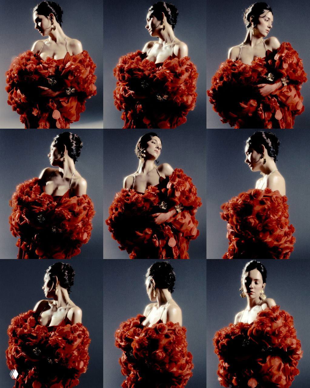 Коллаж из нескольких портретов женщины в пышном красном платье, вариативность ракурсов и мелкие детали декора на наряде в студии.