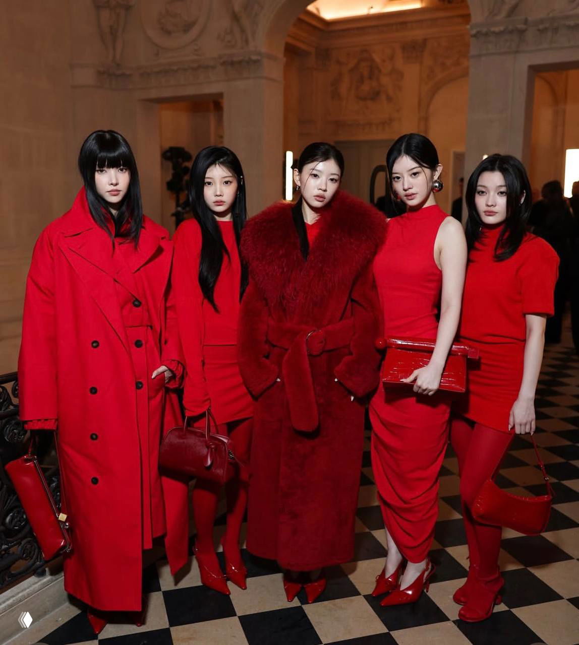 Участницы ILLIT в total red — пальто, платья и сумки Jacquemus; фото сделано в элегантном интерьере парижского показа мод.