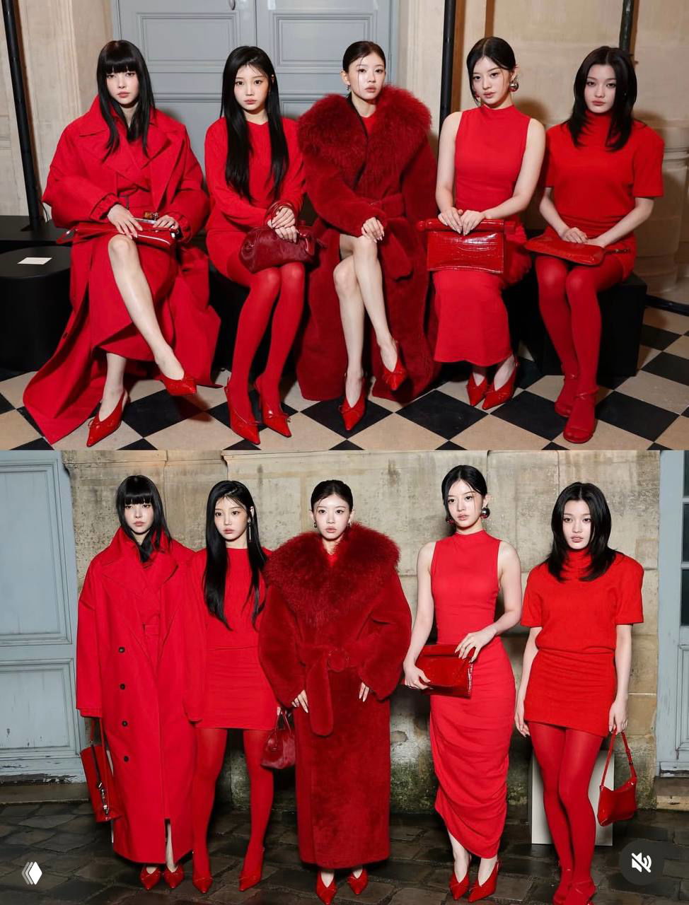 Группа ILLIT сидит и позирует в единой красной палитре: пальто, платья, туфли и сумки — кадр с показа Jacquemus в Париже.