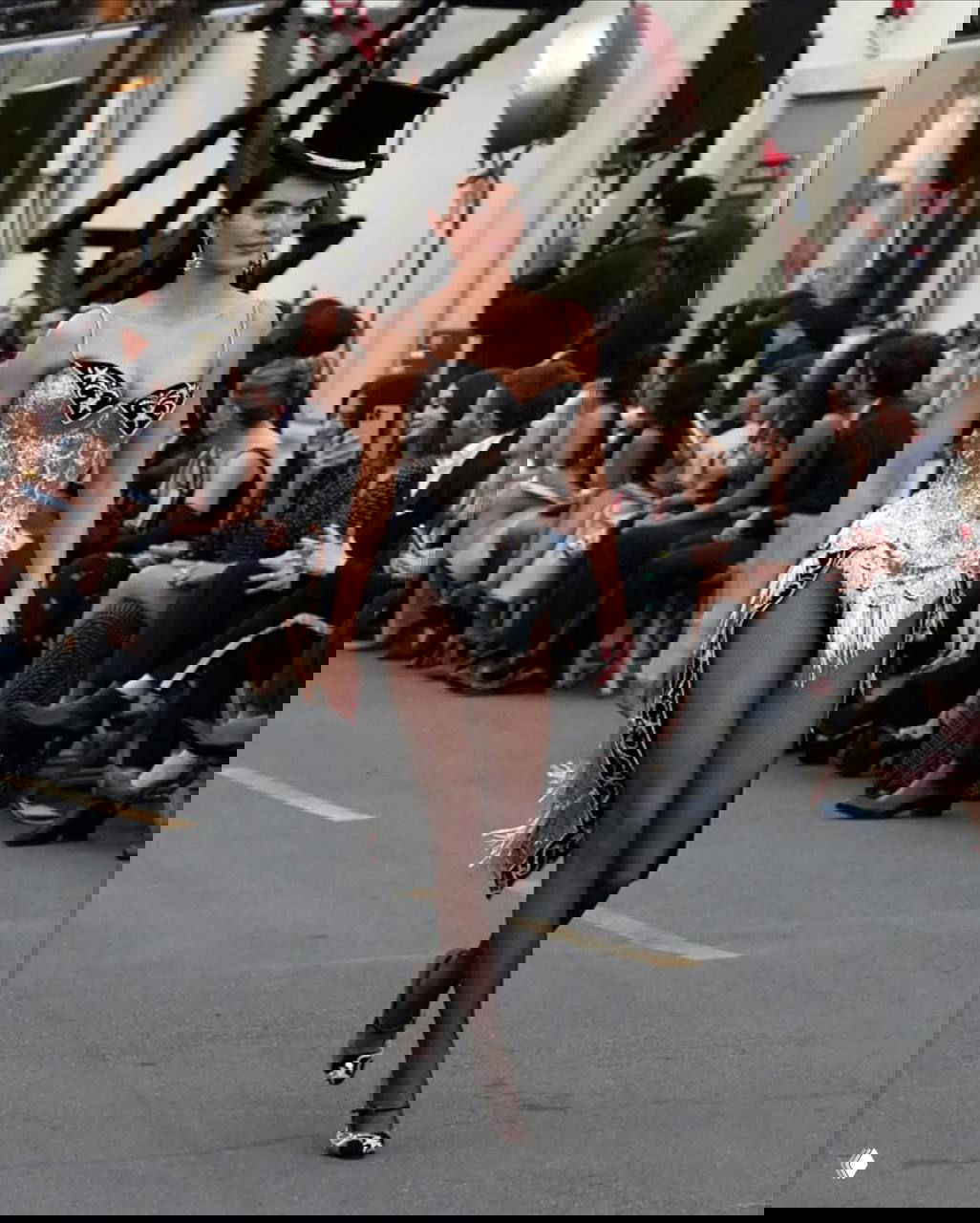 Знаменитость в корсетном серебристом наряде с декоративной бахромой и цилиндрической шляпой идёт по дорожке показа на фоне зрителей и камер.