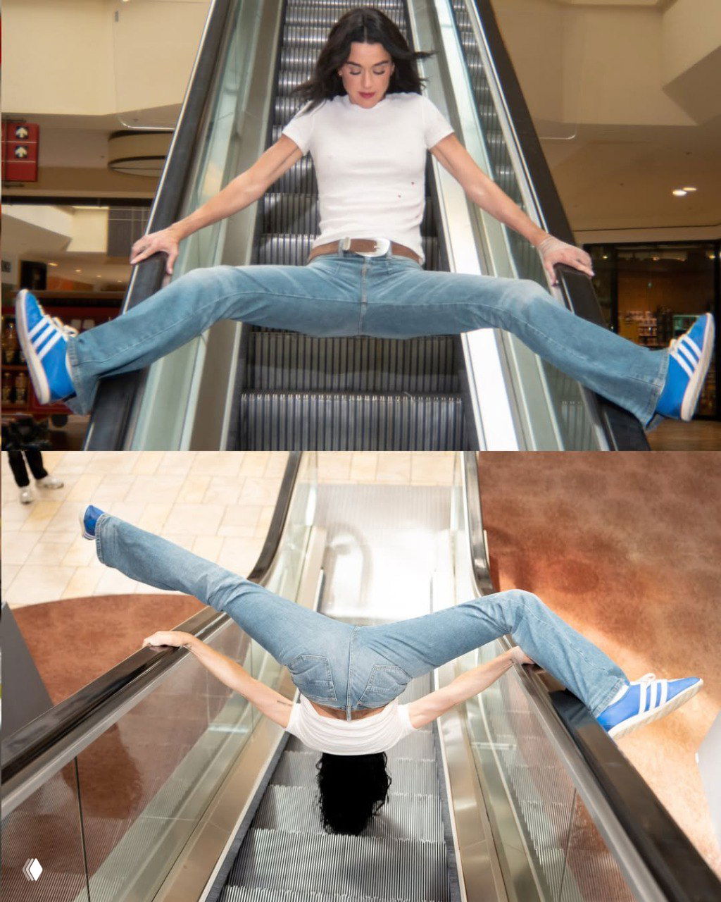 Женщина сидит растянув ноги поперёк ступеней эскалатора и затем висит вниз головой между поручнями — серия рискованных кадров в магазине.