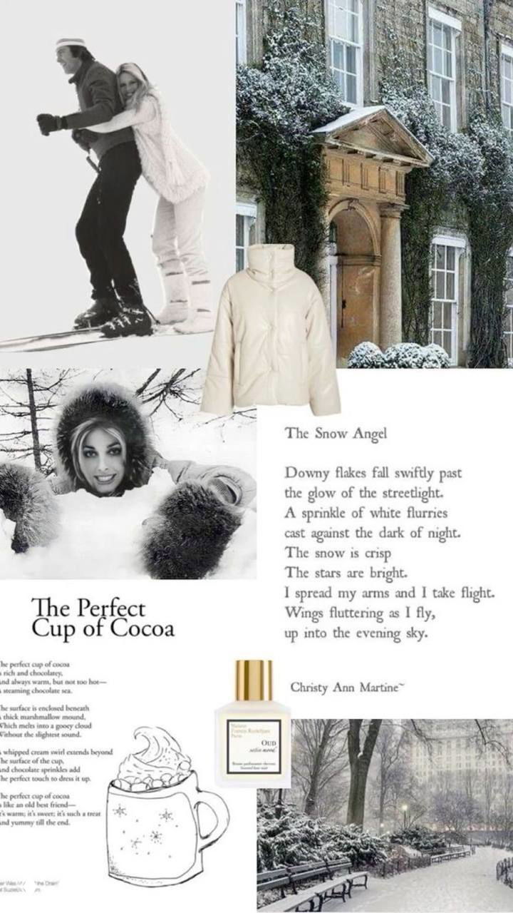 Монохромный коллаж с архитектурой в снегу, свечами и горячими напитками для спокойного зимнего вайба на экране телефона.