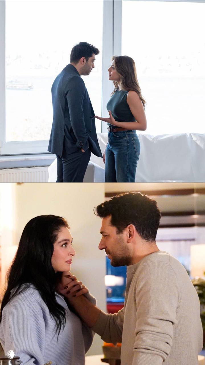 Кадр с диалогом под зонтом: мужчина и женщина в уличной сцене под дождем, холодные тона и эмоциональный контакт.