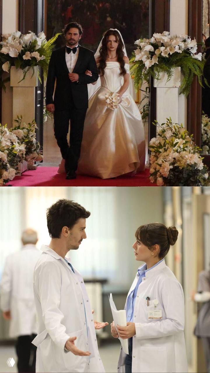 Коллаж кадров: пары в интерьерах, сцены в больнице и свадебная церемония — разные жанровые эпизоды турецких сериалов.