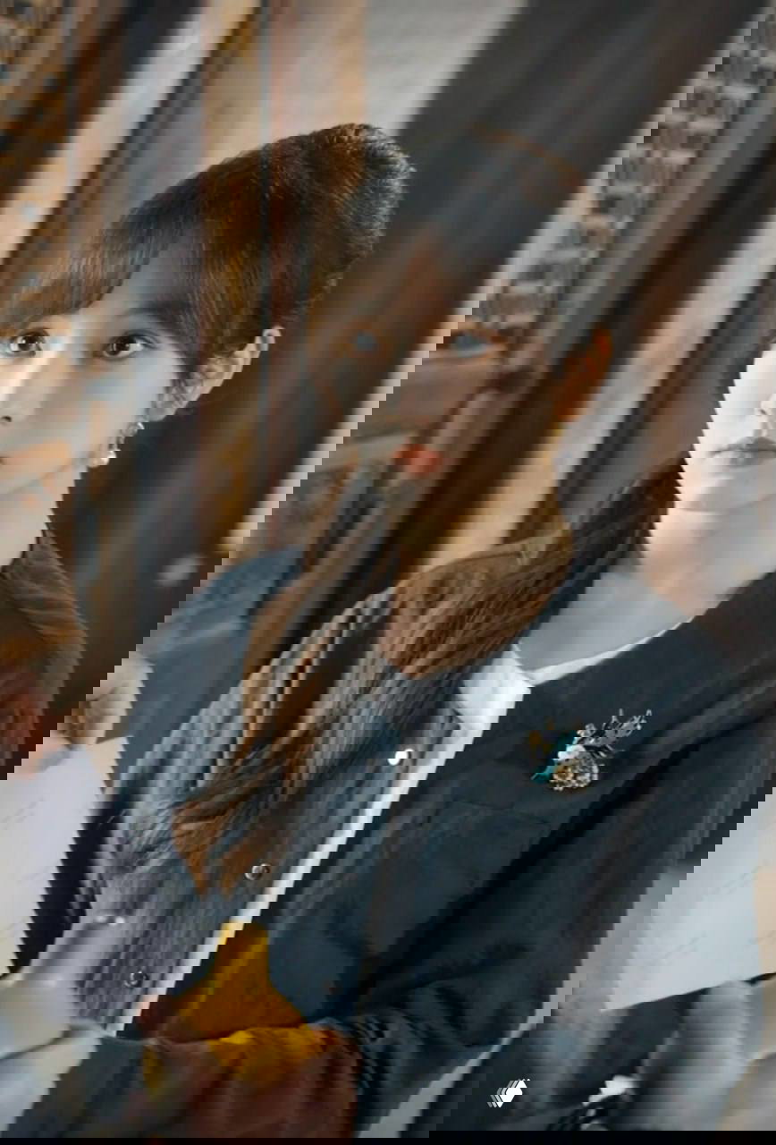 Кадр с молодой женщиной внутри помещения: близкий план героини с длинными волосами и серьгой, выражение внимания и лёгкого удивления.