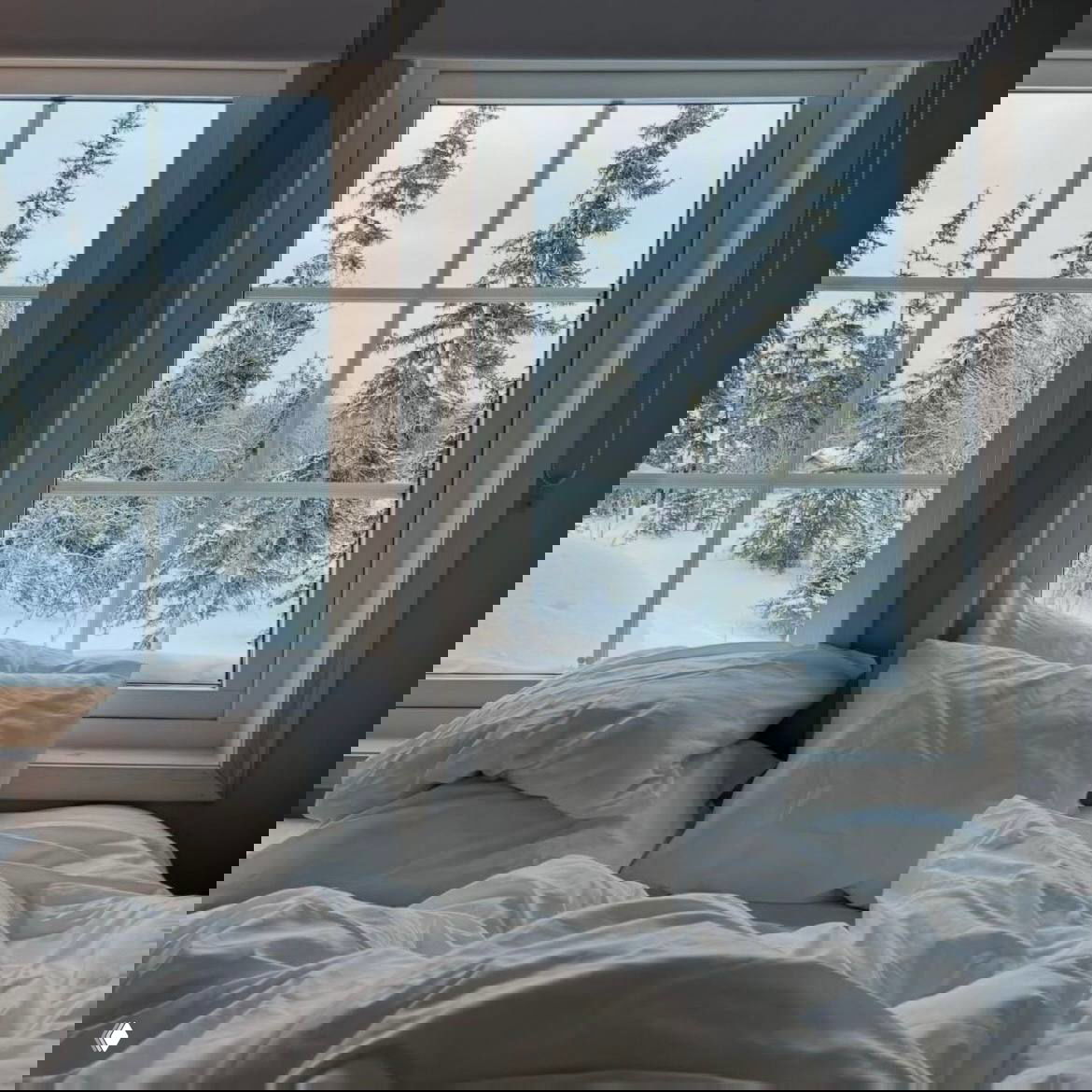 Кровать у окна с видом на заснеженные ели — светлая уютная сцена, которая подчёркивает спокойную эстетическую атмосферу зимних каникул.