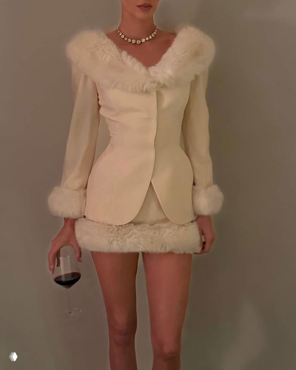 Фотография в полный рост: короткое светлое платье с широкой меховой баской и меховыми манжетами, модель держит бокал вина.