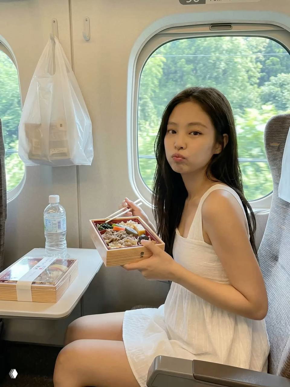 Молодая женщина в поезде держит бэнто с едой на столике, позирует с палочками, видно окно с пейзажем и бутылку воды на столе