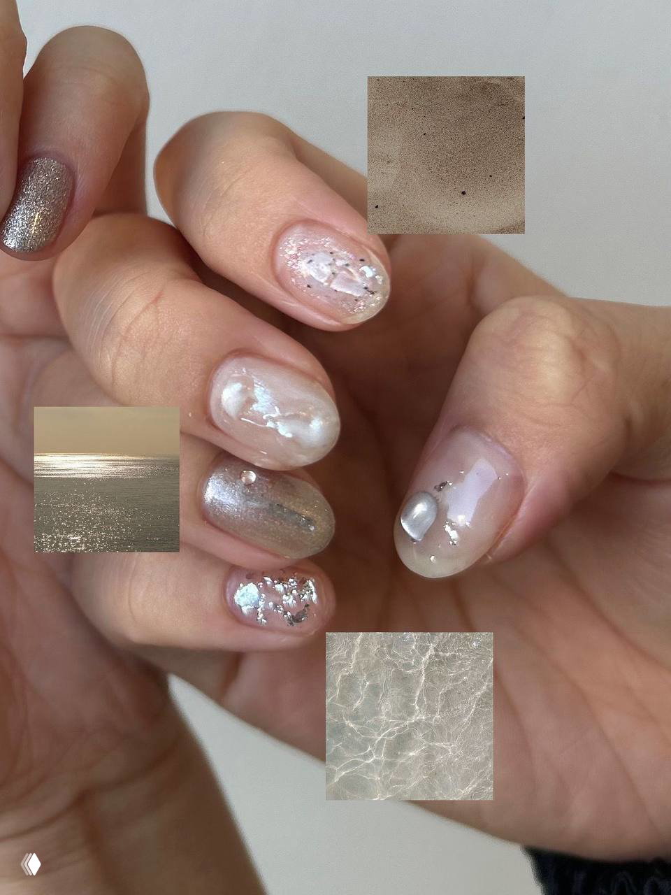 Рука в близком плане: светлые прозрачные базы, блёстки, зеркальные фрагменты и перламутровые вставки на коротких овальных ногтях.