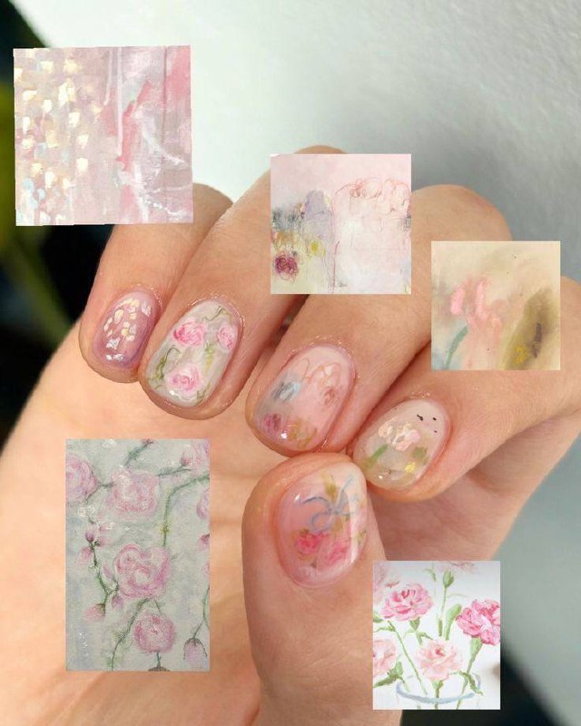 Светлый пастельный маникюр с тонкими акварельными цветочными рисунками в японском стиле на коротких ногтях, близкий план.