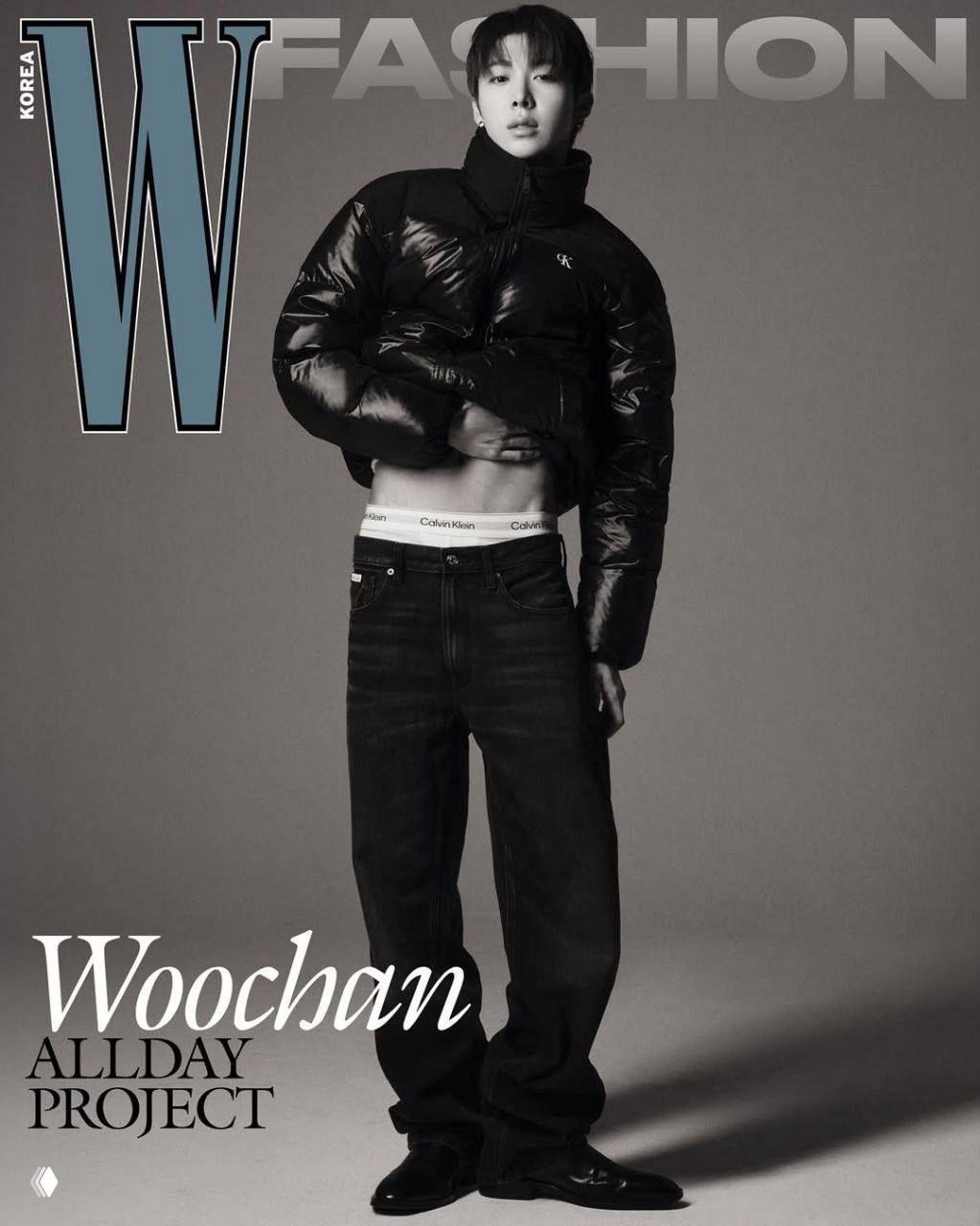 Монохромная обложка: участник ALLDAY PROJECT в пуховике и джинсах, полуоборот, видна деталь белья Calvin Klein как часть образа