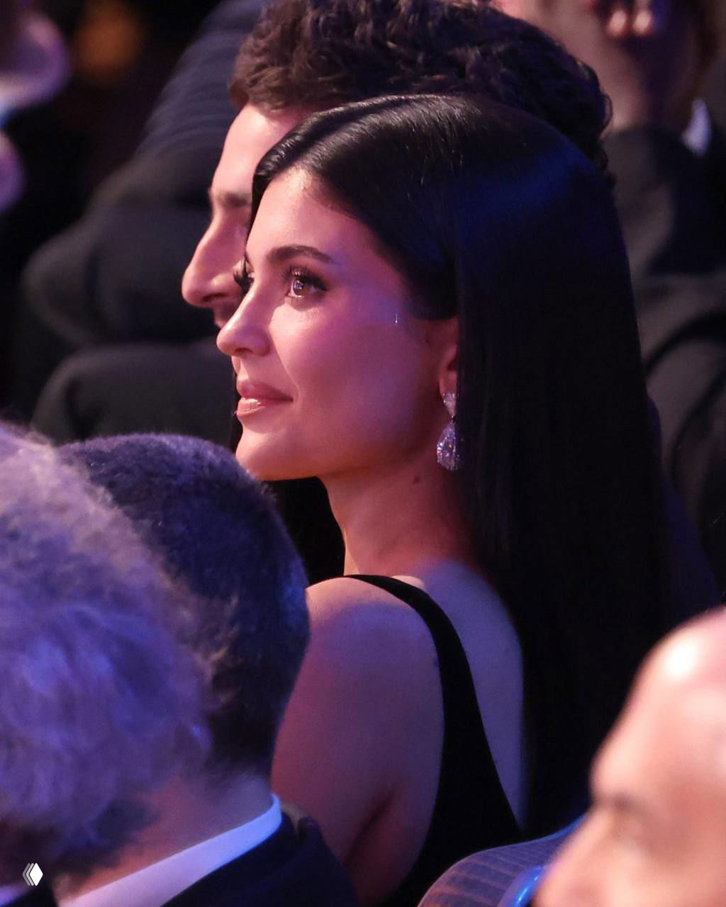 Профиль женщины в вечернем платье и серьгах, снимок выполнен в мягком световом оформлении зала награждения; акцент на лице и украшениях.