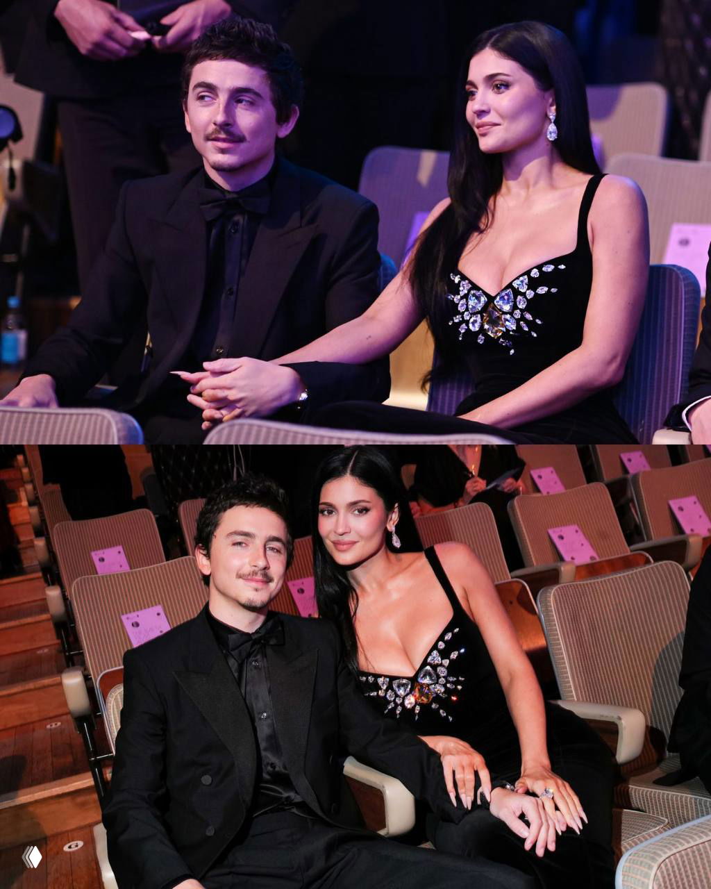 Мужчина и женщина сидят в киноконцертном зале в вечерних нарядах; кадр в среднем плане показывает их рядом и наблюдающую публику.