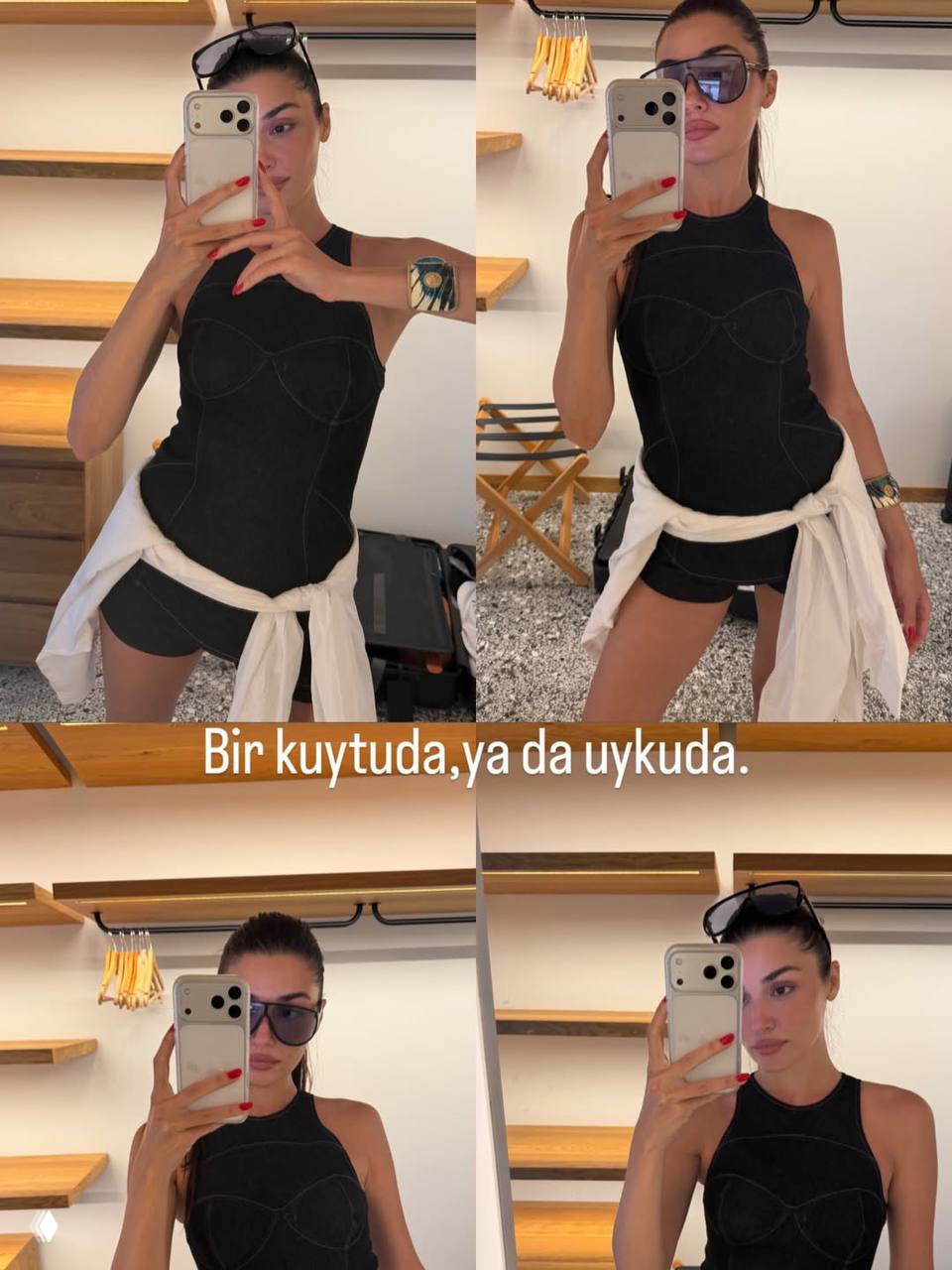 Коллаж из зеркальных селфи Ханде Эрчел в чёрном топе и шортах в комнате отеля — образ отдыха и летняя эстетика, позы и стиль.