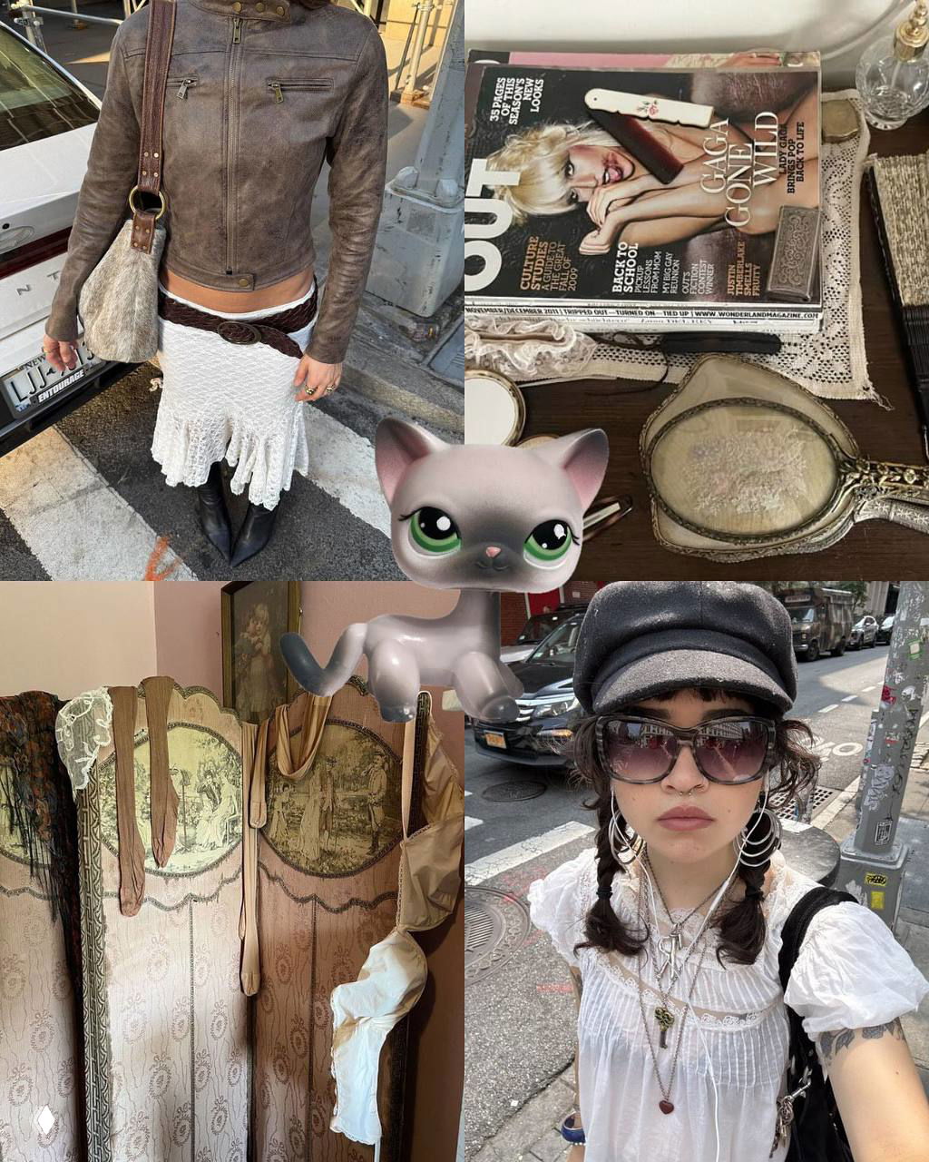 Коллаж: уличные образы, журналы и винтажные зеркала, в центре — фигурка Littlest Pet Shop, создающая настроение ностальгии и стиля.