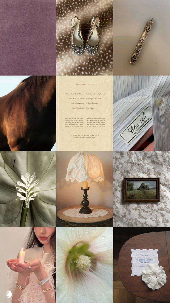 Квадратный коллаж из винтажных предметов, тканей и мелких деталей в бежево-розовой гамме — эстетичный вариант для экранных обоев и мудбордов.