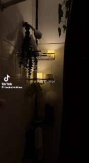 Темная душевая кабинка ночью: тусклый свет, висящие растения и плитка на стене; вертикальный атмосферный кадр из короткого видео о расслаблении.