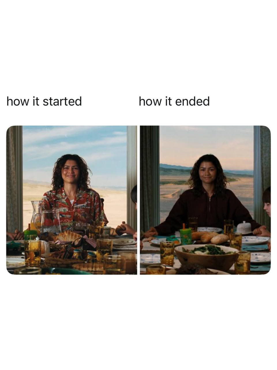 Коллаж из двух кадров: Ру за столом (кадр из «Эйфории») с подписью «how it started / how it ended», подчёркивающий контраст настроений и финал эпизода.