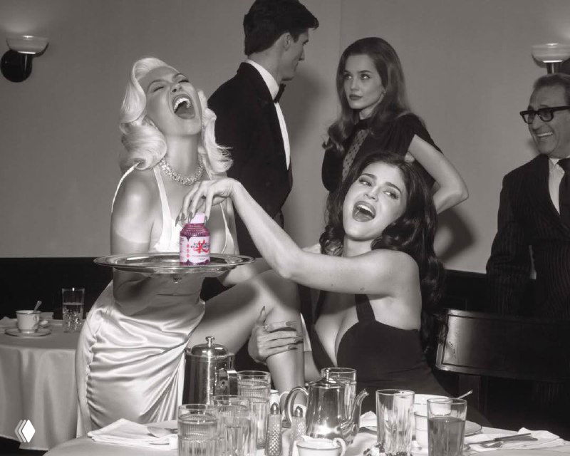 Чёрно‑белая искажённая фотография: люди в вечерних нарядах жестикулируют у длинного сервированного стола, видны бокалы и приборы.