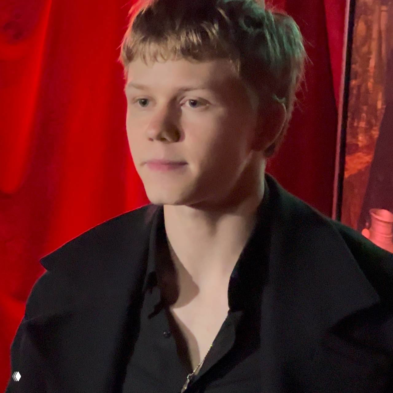 Крупный портрет молодого актёра на фоне красных штор и толпы — кадр с презентации, передающий атмосферу мероприятия и световые акценты.