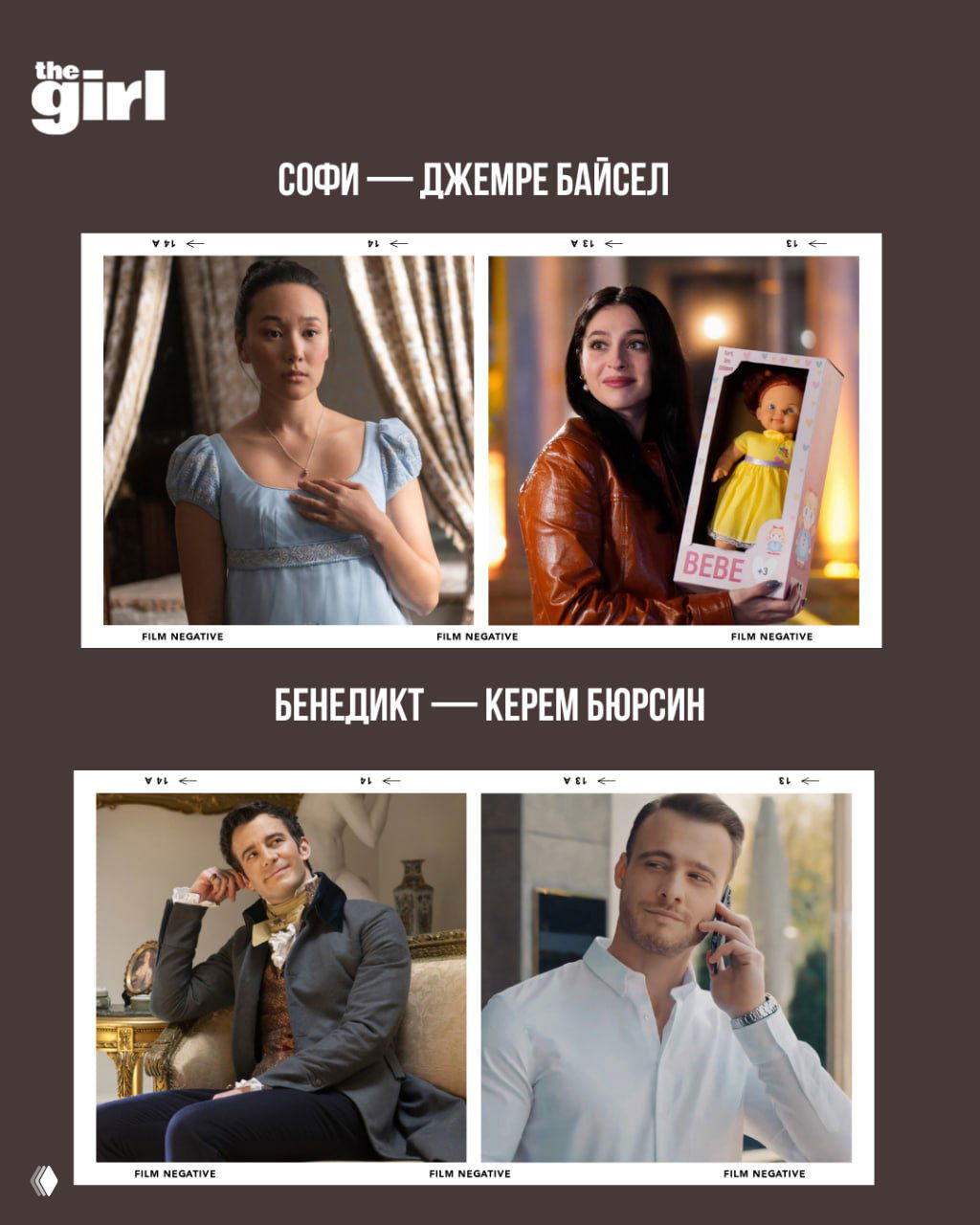 Коллаж-пара: одна фотография с героем в историческом интерьере, другая — современный актёр в формальной одежде для сравнения характеров.