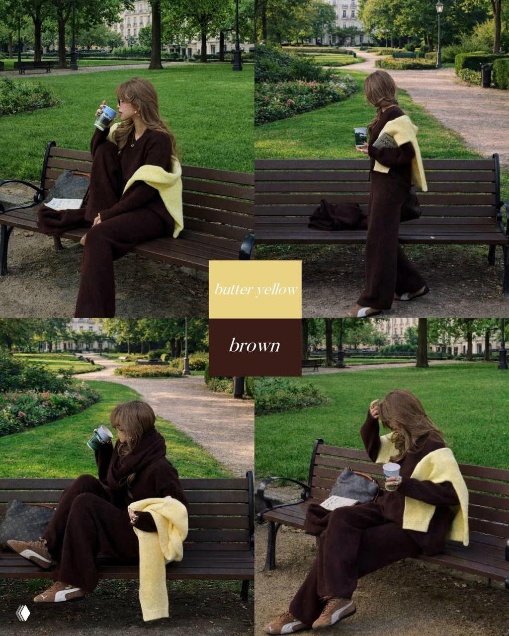 Парковые кадры в коричневых оттенках с акцентом butter yellow: тёплые свитер и брюки, жёлый аксессуар на скамье в парке.