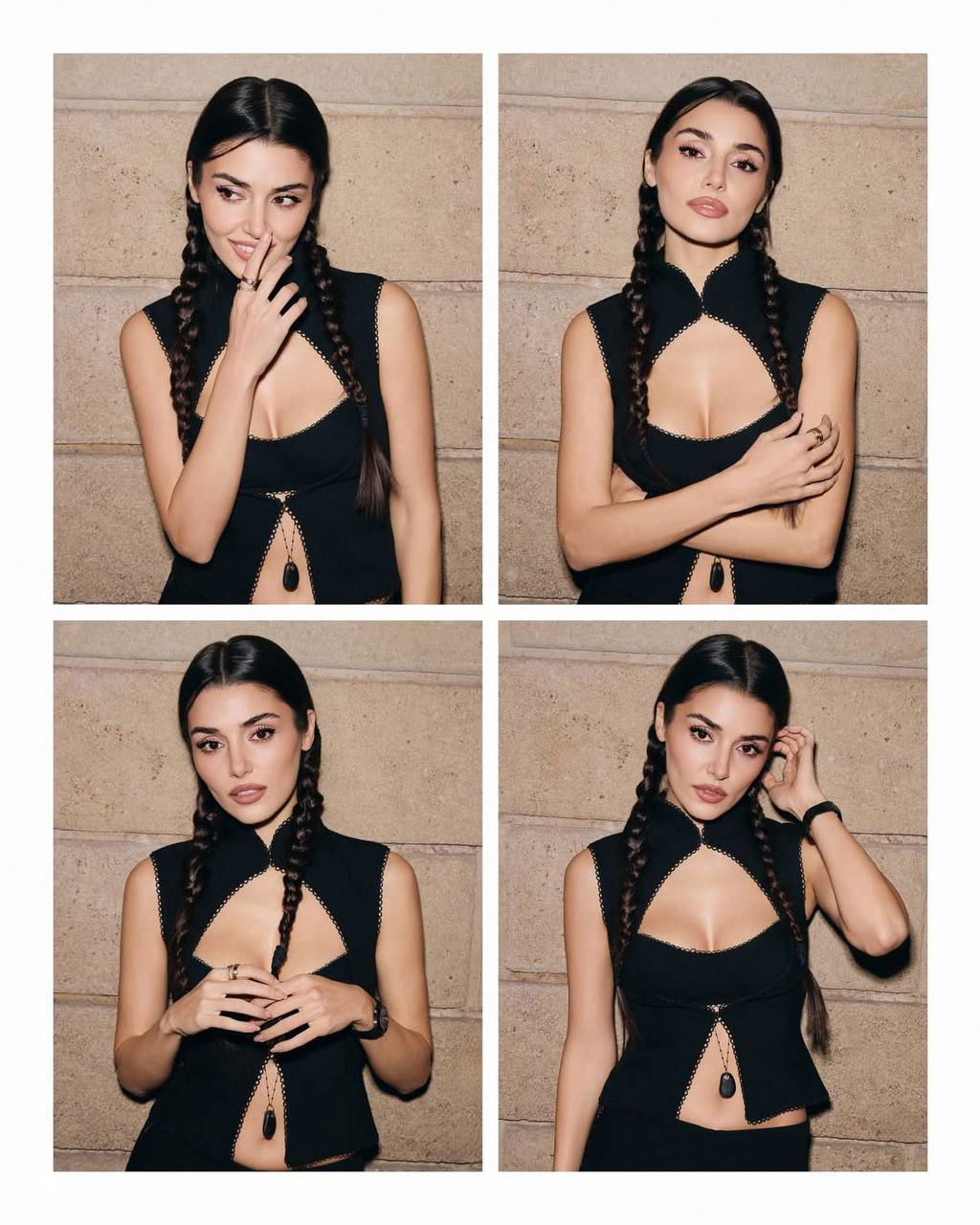 Коллаж из четырёх портретов Ханде Эрчел: разные выражения лица и детали образа в одном кадре.