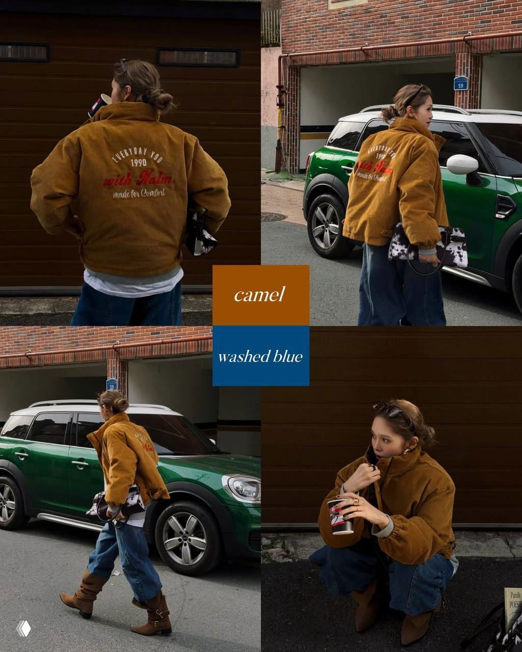 Кэмел и washed blue в городских кадрах: коричневая куртка в стиле corduroy, свободные джинсы и уличная сцена около автомобиля.